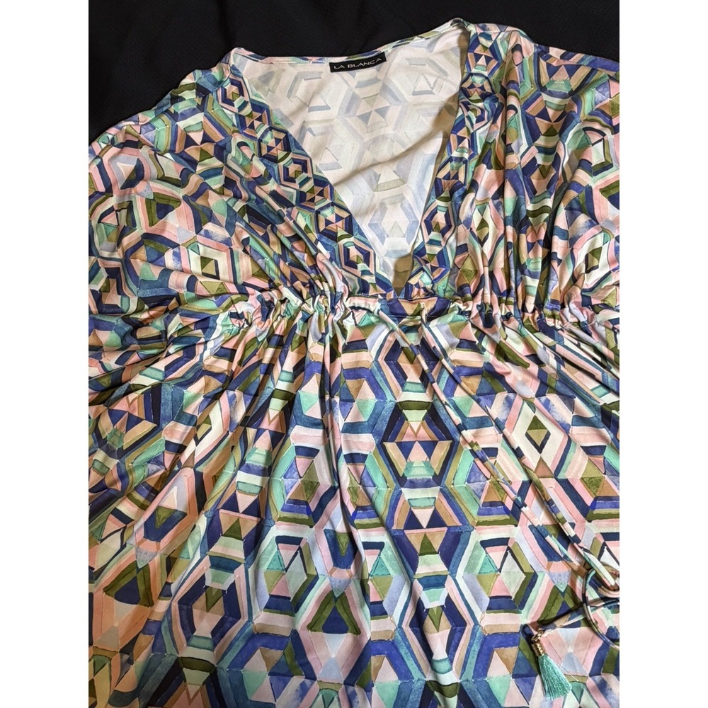 La Blanca Kimono Short Swim Cover Up~OS~Blue Geometric Drawstring Waist Tassels - Picture 6 of 10